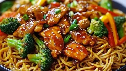 Plate of Sticky Garlic Chicken Noodles garnished with fresh herbs