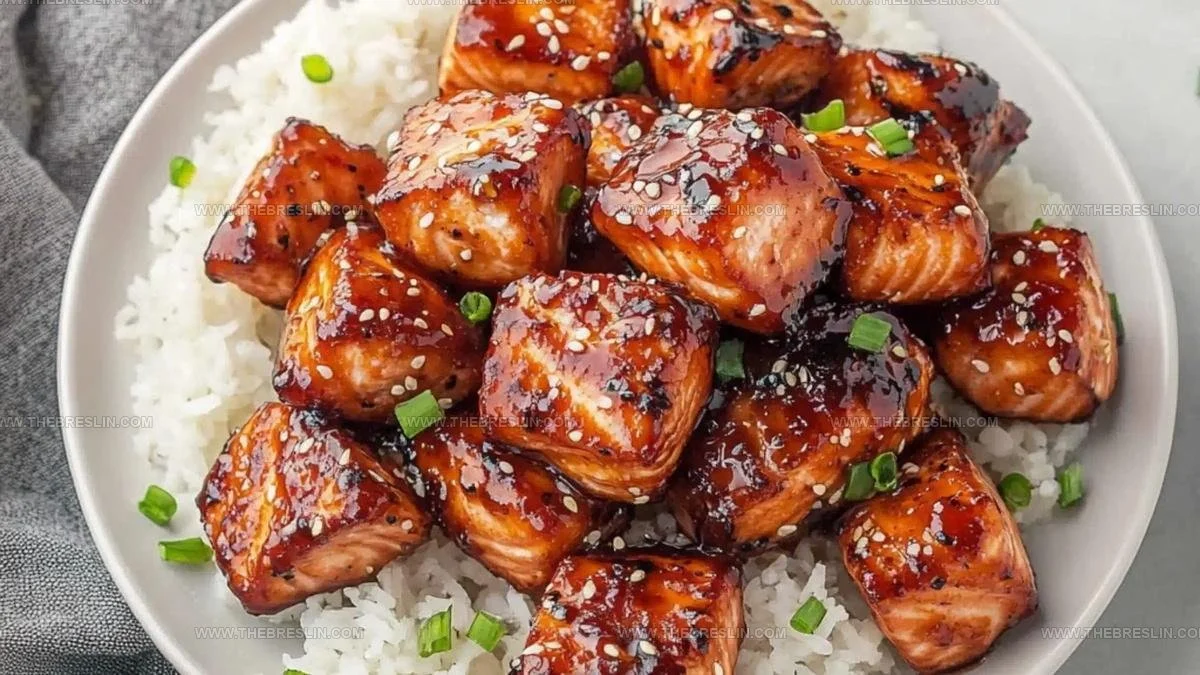 Sticky Skillet Honey Garlic Salmon Bites on a plate
