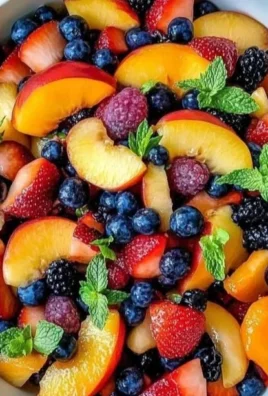 Bowl of refreshing summer peach fruit salad with vibrant fruits