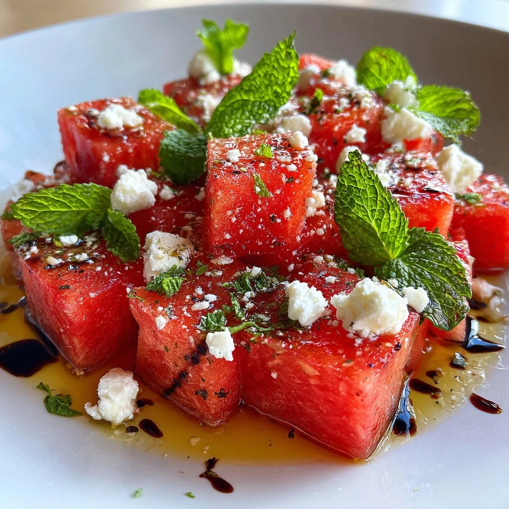 Colorful watermelon feta skewers arranged on a platter for summer snacks