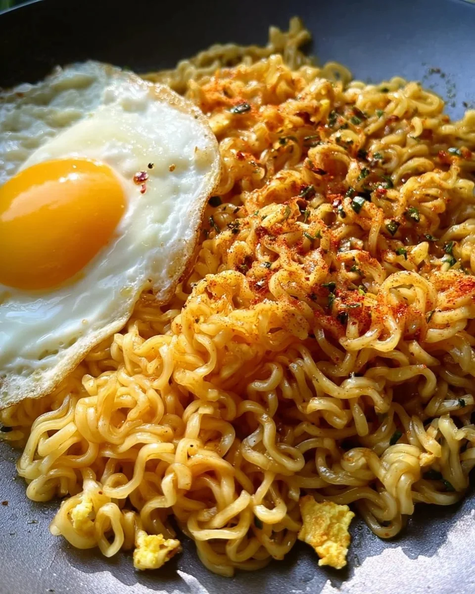 Bowl of sweet and spicy ramen noodles topped with fresh herbs and vegetables.
