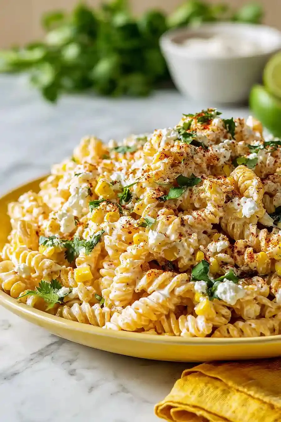Delicious elote pasta salad with Greek yogurt, garnished with fresh herbs and vegetables