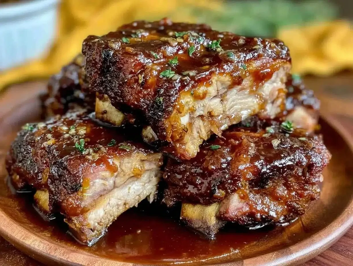 Delicious tender oven-baked ribs with BBQ sauce ready to be served