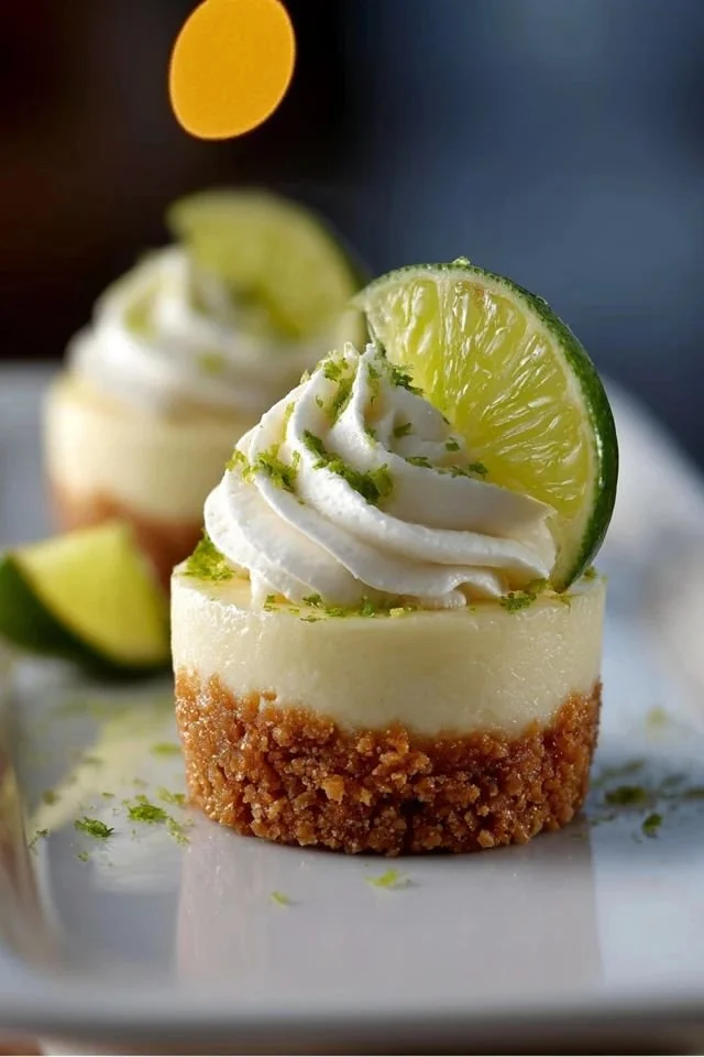 Tropical mini key lime pies garnished with lime slices and whipped cream
