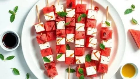 WATERMELON FETA SKEWERS FOR EASY 10-MINUTE SUMMER PARTY APPETIZERS