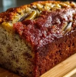 Delicious homemade world's best banana bread sliced on a wooden cutting board