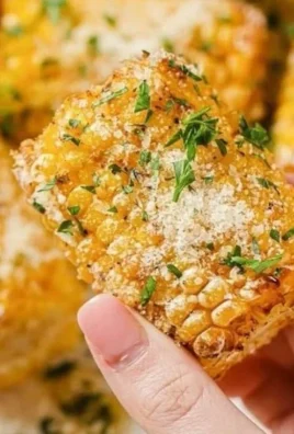 Air fryer garlic butter corn on the cob served on a plate with herbs