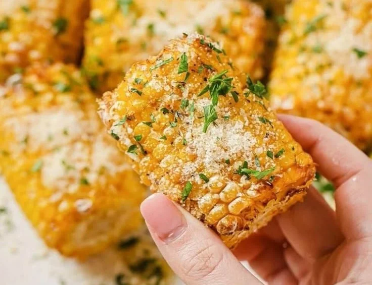 Air fryer garlic butter corn on the cob served on a plate with herbs