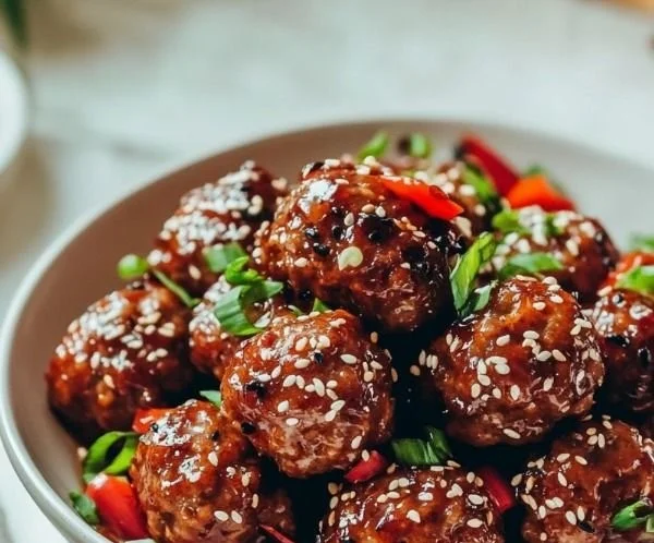 Plate of delicious Asian meatballs garnished with herbs and served with dipping sauce.