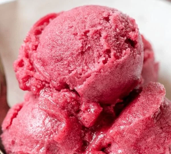 Bowl of homemade cherry sorbet topped with fresh cherries