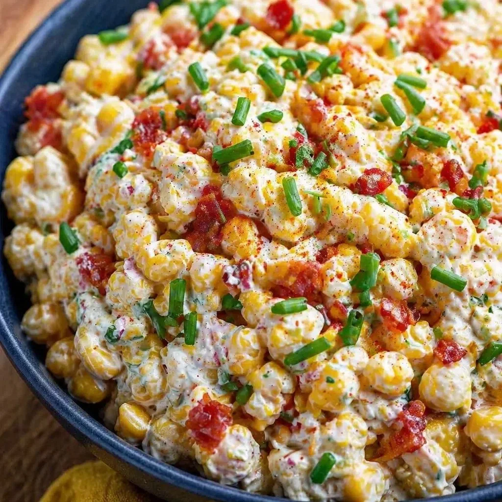 Delicious Crack Corn Salad with corn, peppers, and dressing served in a bowl.