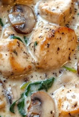 Creamy chicken mushroom spinach skillet dish prepared in a pan