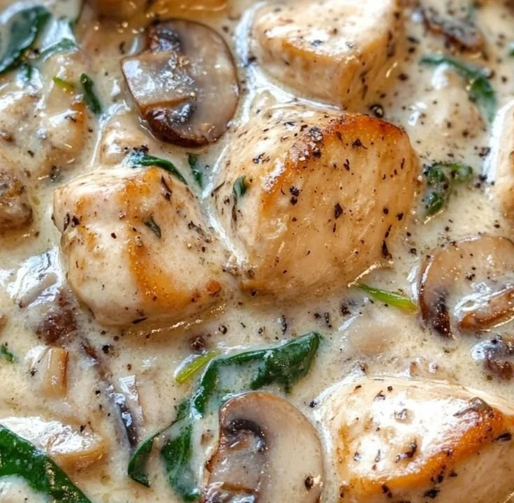 Creamy chicken mushroom spinach skillet dish prepared in a pan