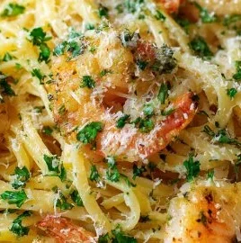 Creamy garlic shrimp pasta served in a bowl, garnished with parsley.