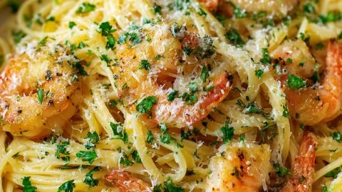Creamy garlic shrimp pasta served in a bowl, garnished with parsley.