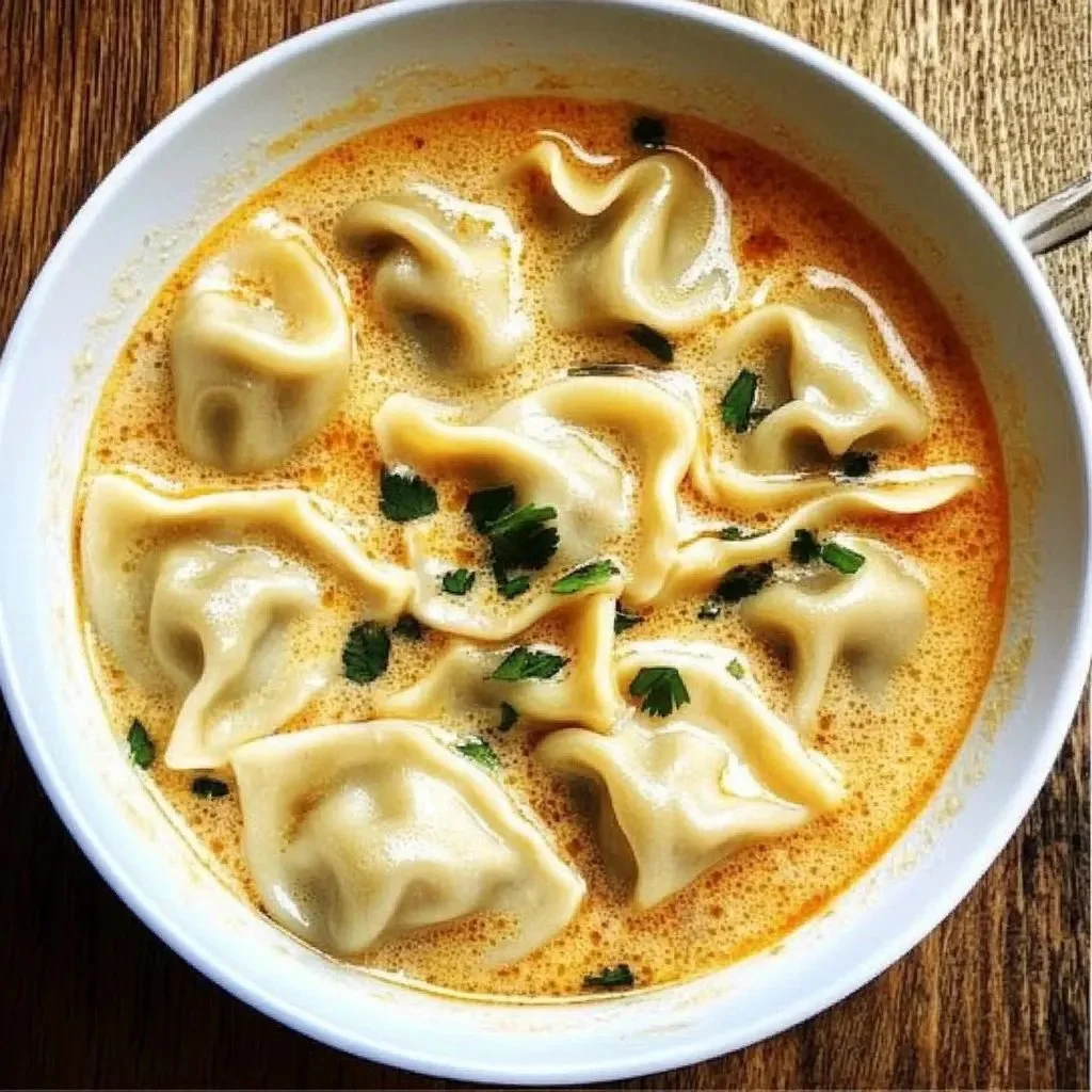 Creamy Thai dumpling soup served in a bowl with herbs and spices.