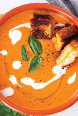 Bowl of creamy tomato basil bisque garnished with fresh basil leaves