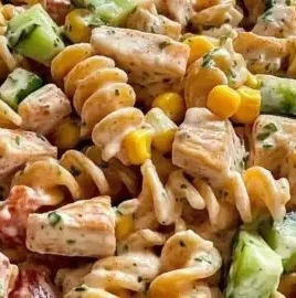 Colorful bowl of barbecue chicken pasta salad with fresh vegetables