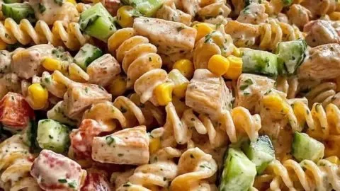Colorful bowl of barbecue chicken pasta salad with fresh vegetables