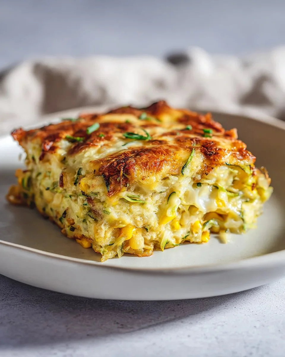 Cheesy zucchini and corn casserole baked to perfection in a dish