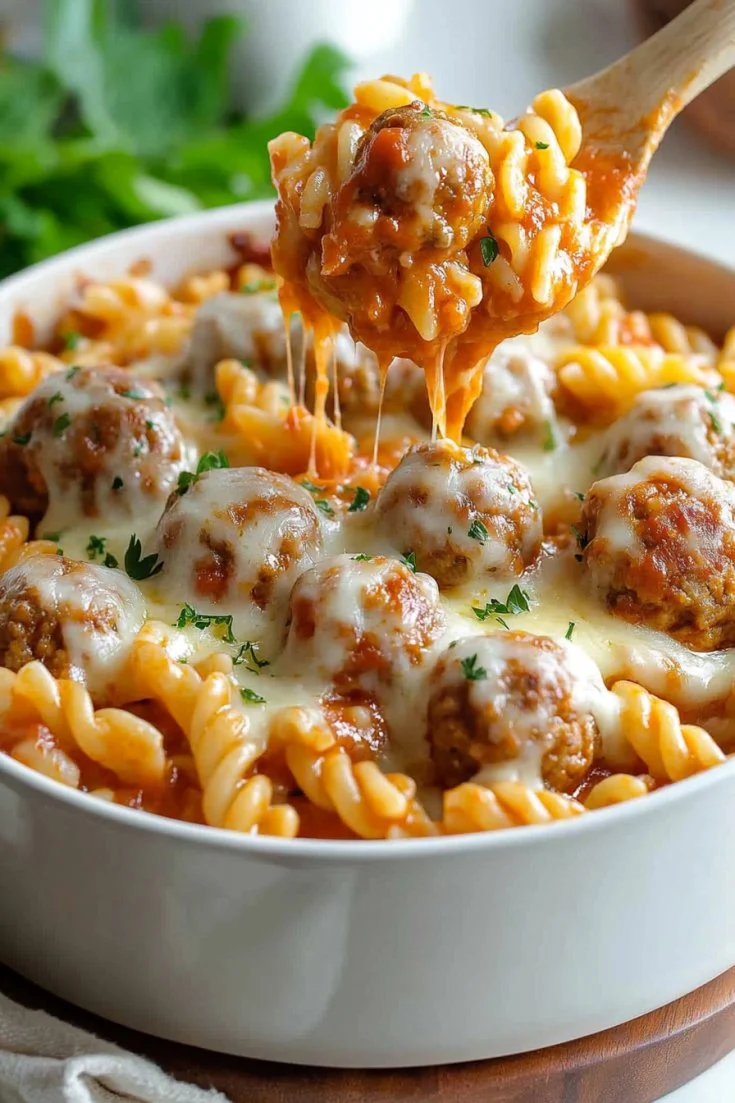 Delicious Dump and Bake Meatball Casserole topped with cheese and herbs in a baking dish.