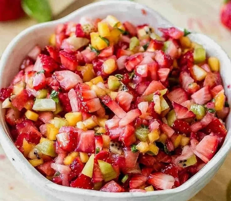 Fresh fruit salsa served with cinnamon sugar chips for a sweet snack.