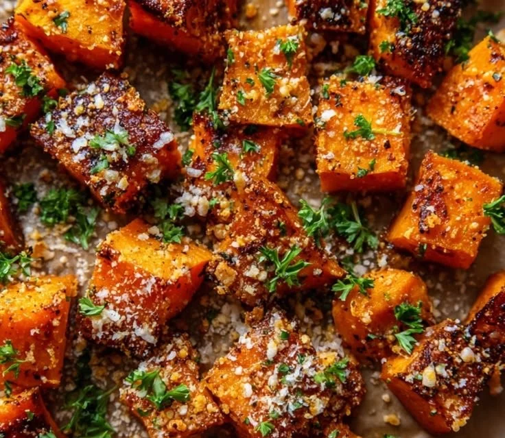 Bowl of Garlic Parmesan Roasted Sweet Potatoes garnished with herbs