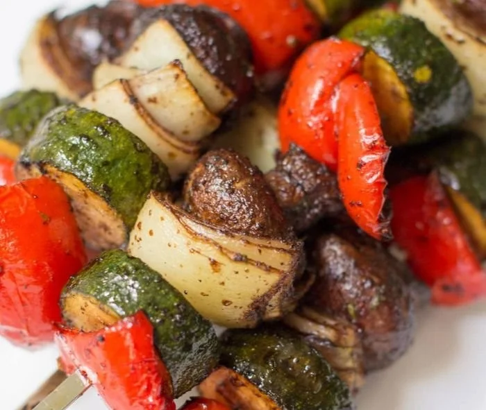 Healthy marinated grilled vegetable kebabs on a skewer