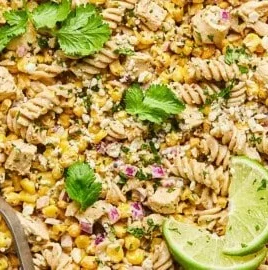 High protein street corn pasta salad with fresh vegetables and dressing