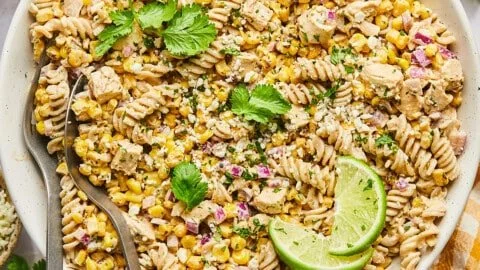 High protein street corn pasta salad with fresh vegetables and dressing