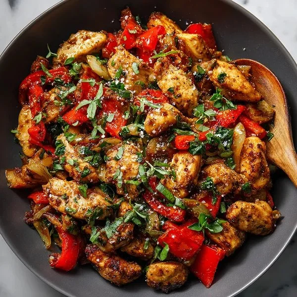 Mediterranean Chicken Stir Fry with colorful vegetables and spices