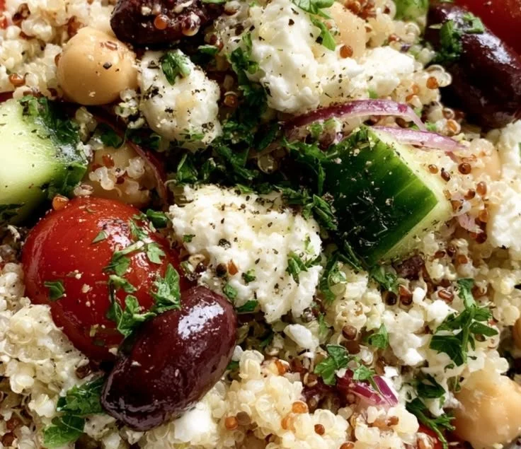 Mediterranean quinoa salad with fresh vegetables and herbs in a bowl