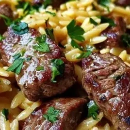 One pot creamy garlic butter steak orzo dish garnished with herbs