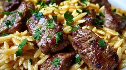 One pot creamy garlic butter steak orzo dish garnished with herbs