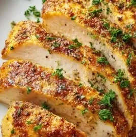 Juicy oven baked chicken breast with golden crispy skin on a plate.