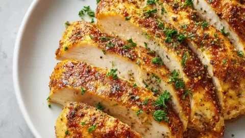 Juicy oven baked chicken breast with golden crispy skin on a plate.