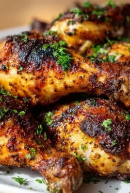 Crispy oven-baked chicken drumsticks on a plate with herbs