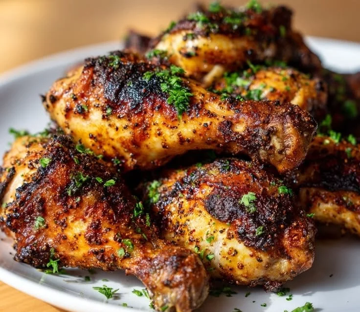 Crispy oven-baked chicken drumsticks on a plate with herbs