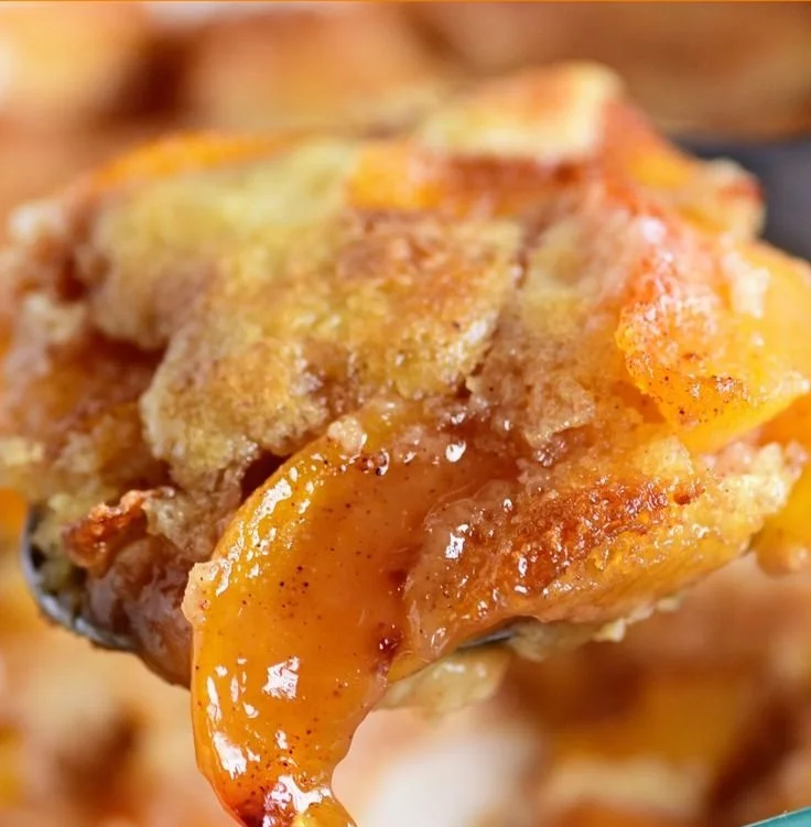 Delicious homemade peach cobbler served warm with a scoop of vanilla ice cream.