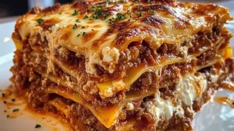 Delicious homemade quick and easy lasagna ready to serve for dinner