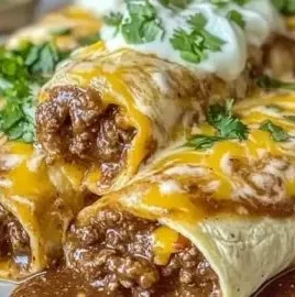 Savory ground beef burritos topped with creamy chipotle sauce
