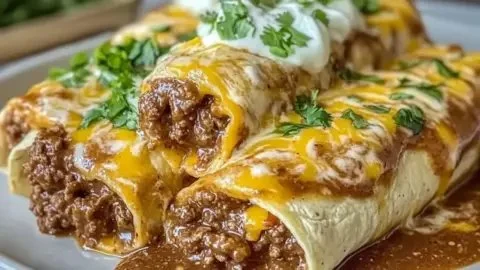Savory ground beef burritos topped with creamy chipotle sauce