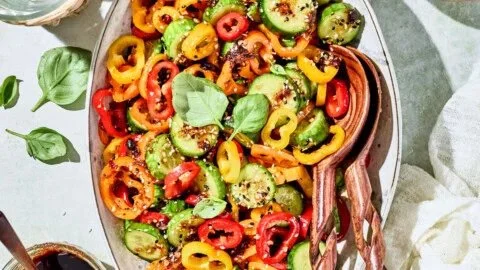 Viral TikTok cucumber and bell pepper salad in a bowl