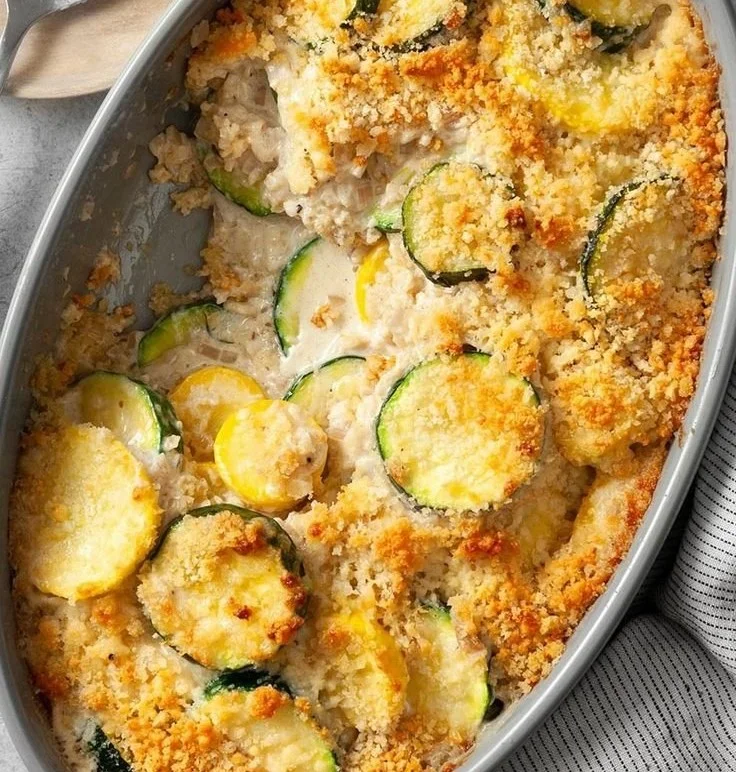 Delicious yellow squash and zucchini casserole dish fresh from the oven